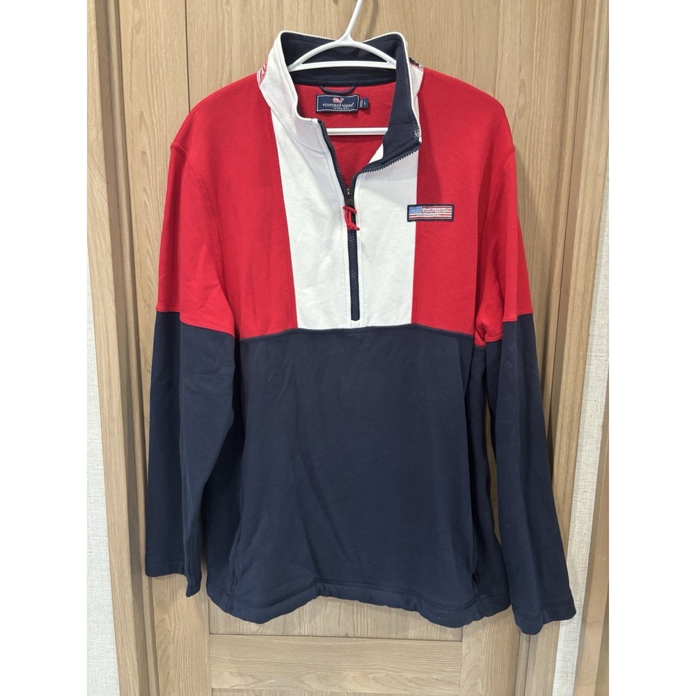 Vineyard Vines USA Pullover Sweater Colorblock Red White Blue L Men Patriotic